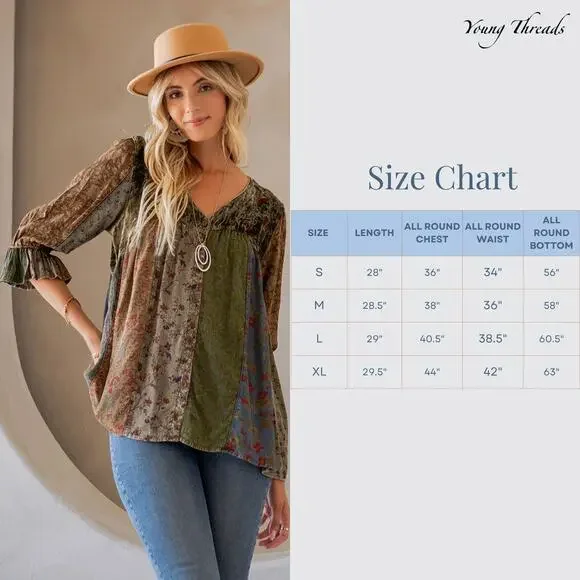 Young Threads Size Medium Gravel Patchwork Velvet Top - Picture 6 of 6